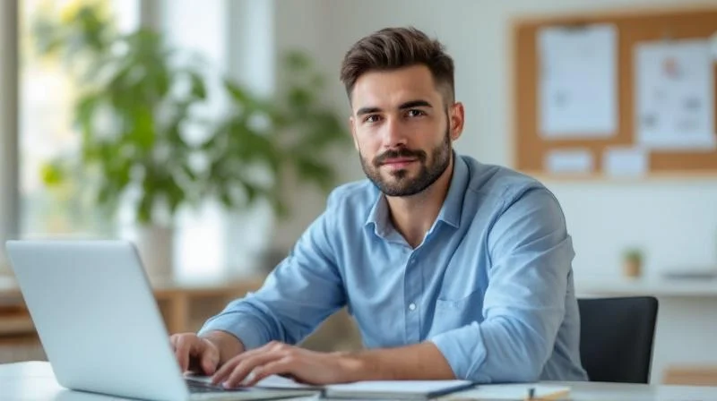 Mann mit Laptop und Notizen in einem hellen Büro in Siegen