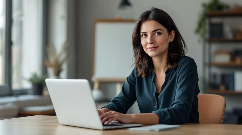 Frau arbeitet am Laptop in einem modernen Büro in Siegen