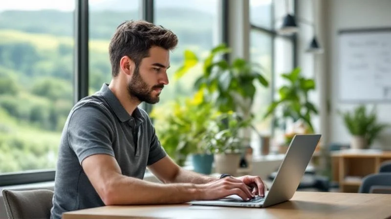 Mann arbeitet am Computer in einem hellen Büro im Siegerland