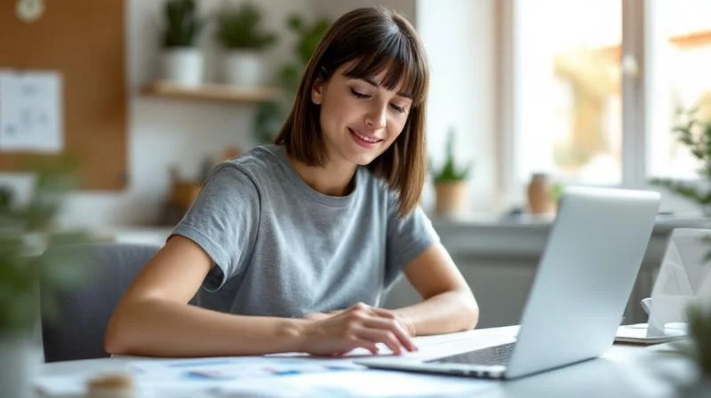 Frau arbeitet konzentriert am Schreibtisch mit Unterlagen und Laptop